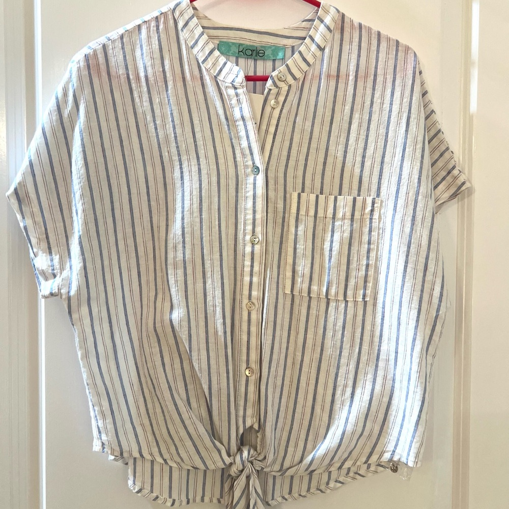 Karlie Blue & Cream Striped Button-Up with Tie Hem